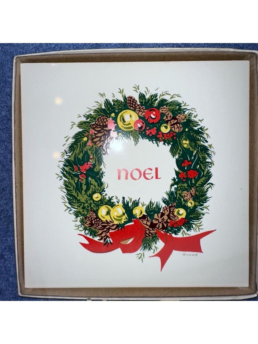 NOS Vintage 1980s Jeweled Cross Noel Christmas Wreath Print Tile Trivet Howard